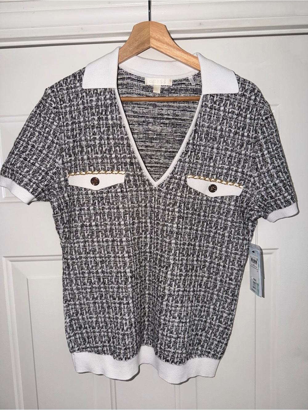 NWT Guess Black White Tweed Knit Polo Top Gold Button Chain Detail Size XL